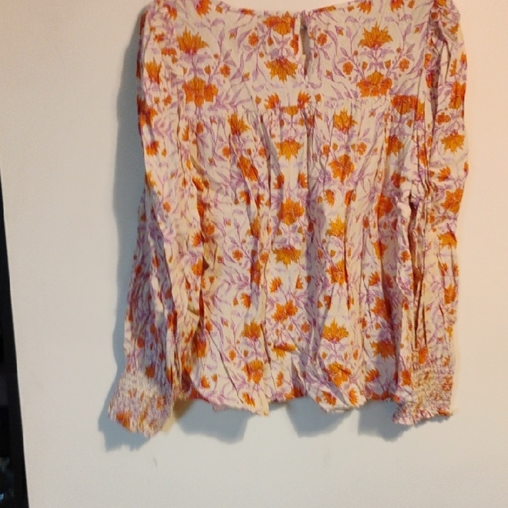 Orange Smocked Long Sleeve Blouse with Peter Pan Collar - Picture 3 of 6